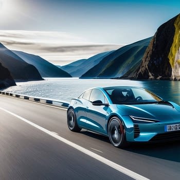 Viaje eléctrico hacia la libertad: Arte digital NFT de un brillante coche nuevo en un paisaje marino